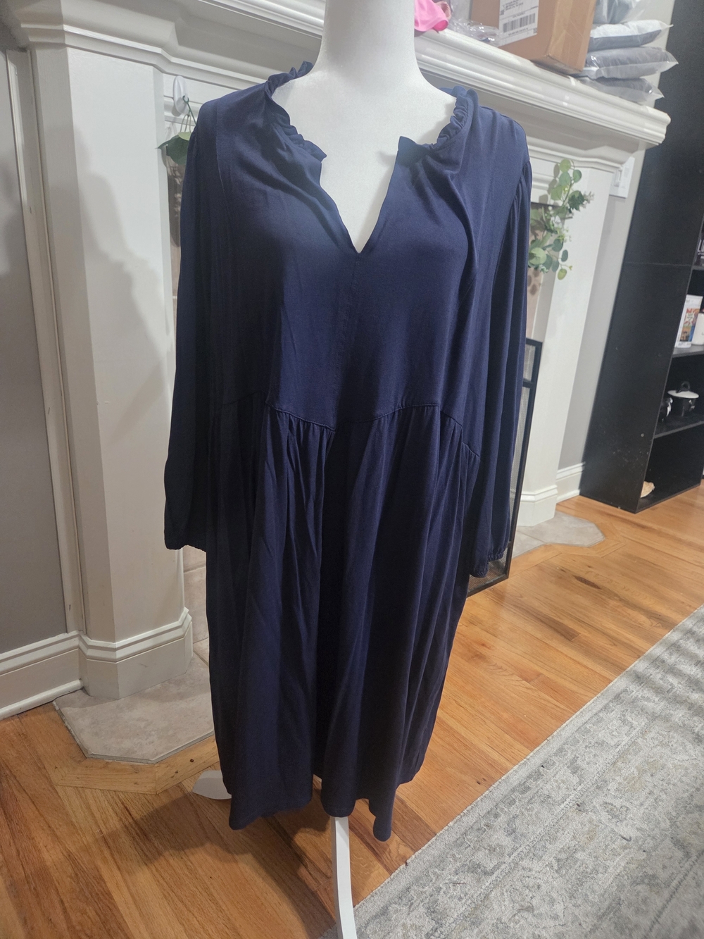 Wonderly Navy V-Neck Long Sleeve Peasant Tunic Dress Plus